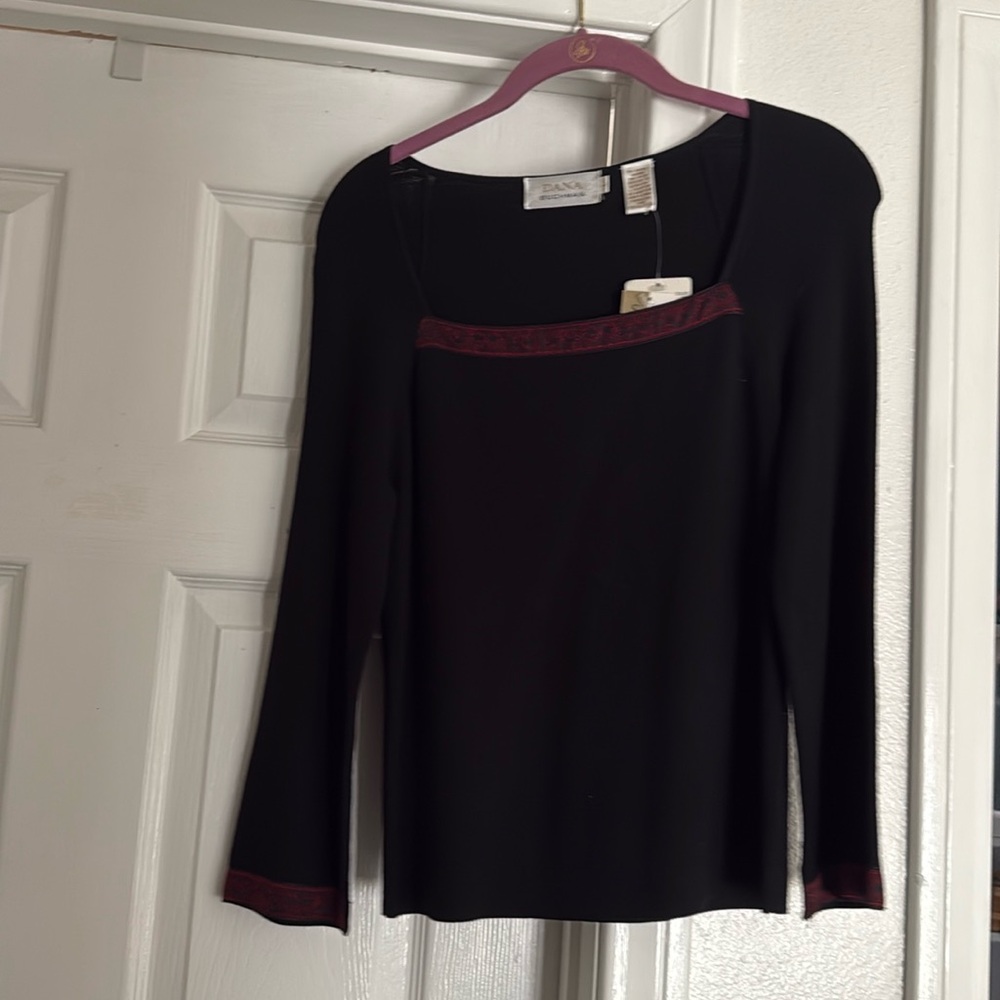 Dana Buchanan nwt black sweater w red embroidered trim on neck and sleeve